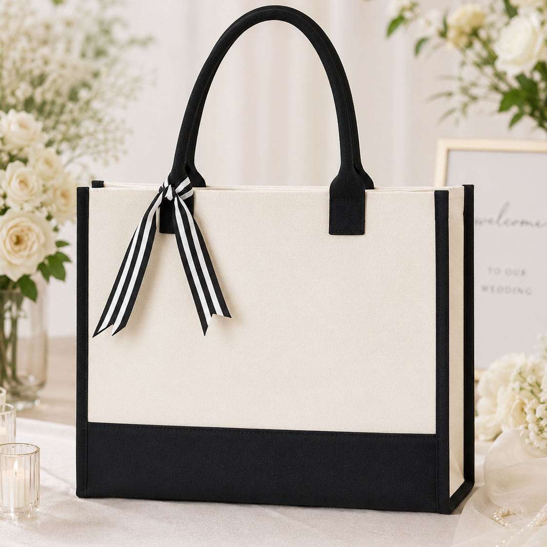 Cottonfelt Wedding Canvas Tote Bag with Ribbon & Bottom Board Support – Inside Laminated