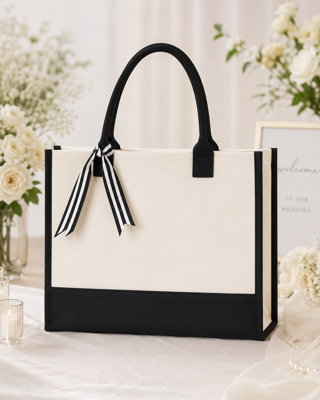 Cottonfelt Wedding Canvas Tote Bag with Ribbon & Bottom Board Support – Inside Laminated