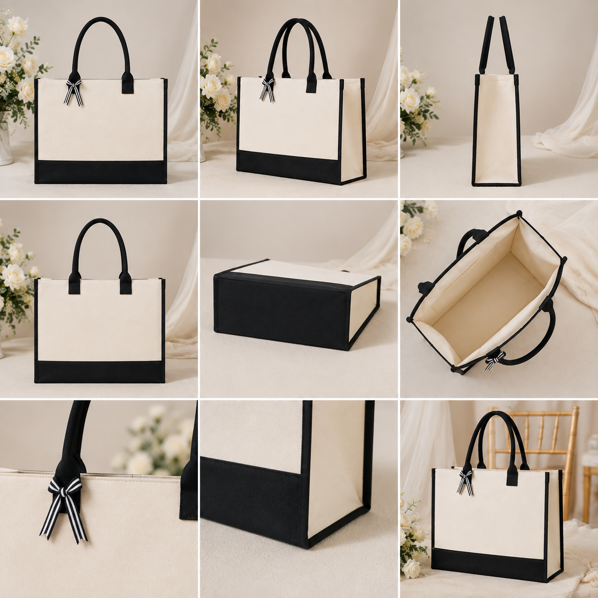 Cottonfelt Wedding Canvas Tote Bag with Ribbon & Bottom Board Support – Inside Laminated