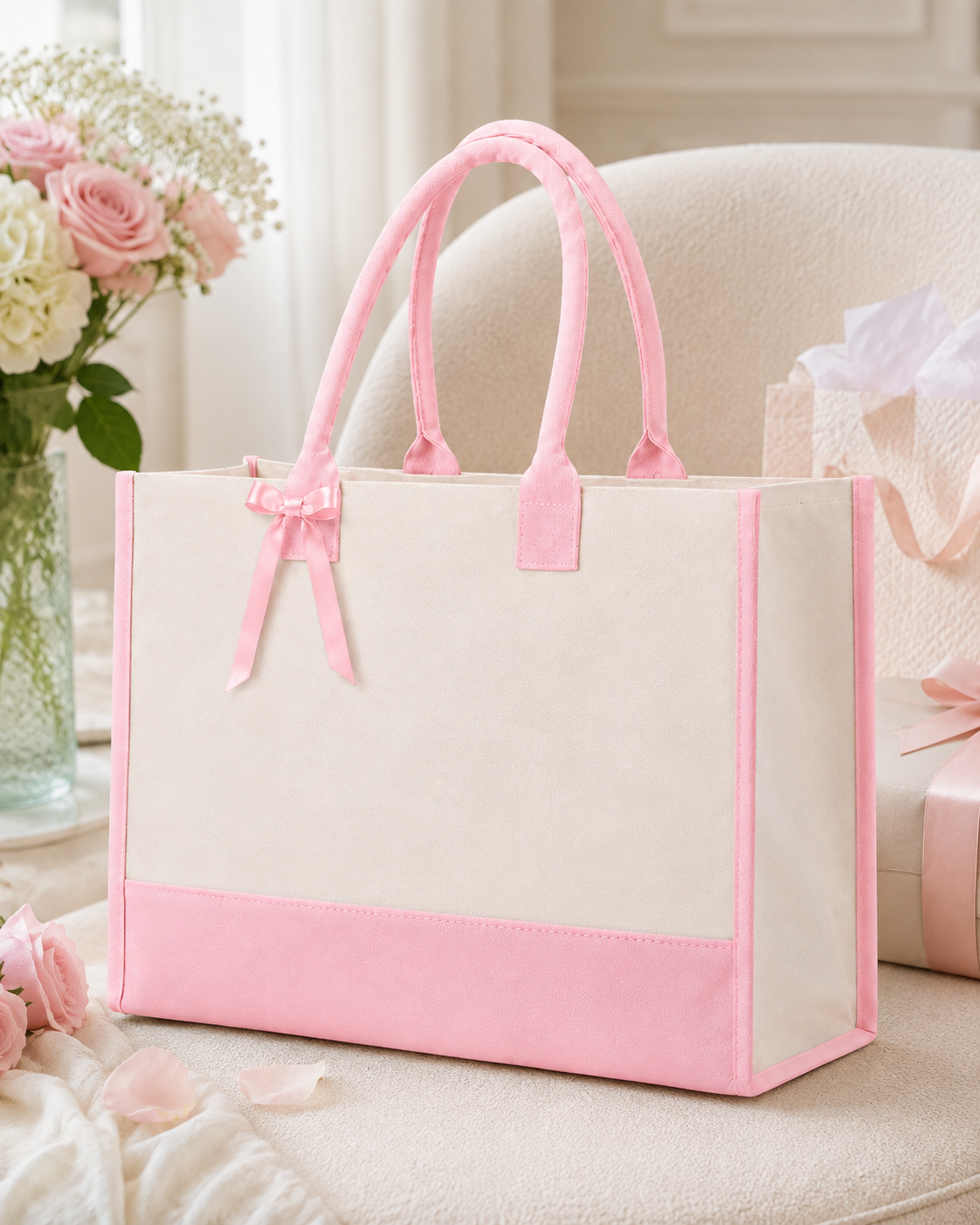 Cottonfelt Wedding Canvas Tote Bag with Ribbon & Bottom Board Support – Inside Laminated