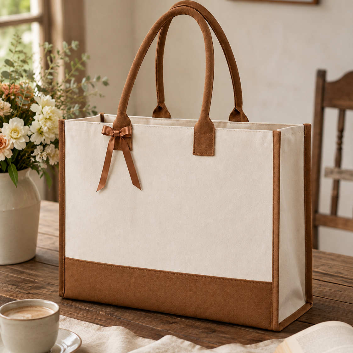 Cottonfelt Wedding Canvas Tote Bag with Ribbon & Bottom Board Support – Inside Laminated